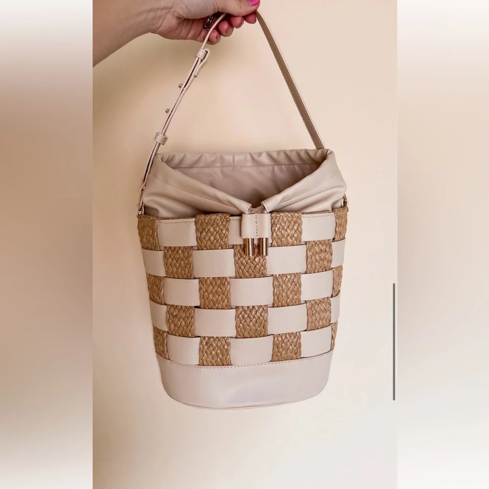 Matisse Cream and Tan Woven Bucket Tote